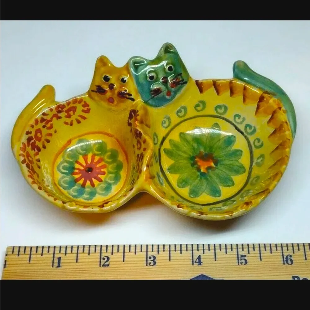 MODIGLIANI VIA CONDOTTI ROMA ITALY CAT DOUBLE BOWL POTTERY DISH NUT RELISH 6